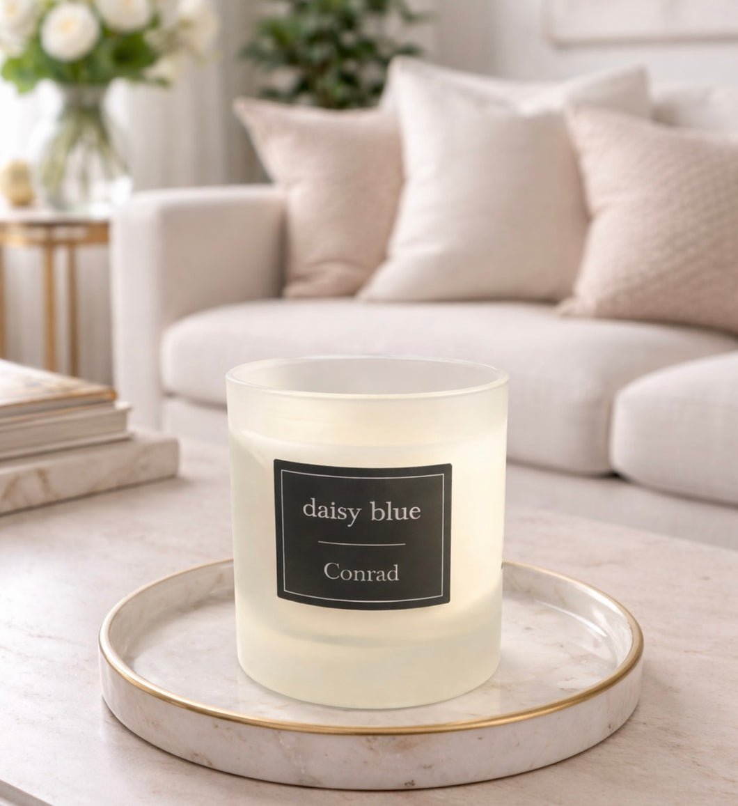 Daisy Blue Home Fragrance Mariette Candle Jar with white ceramic finish and decorative lid, full view of the elegant candle container.